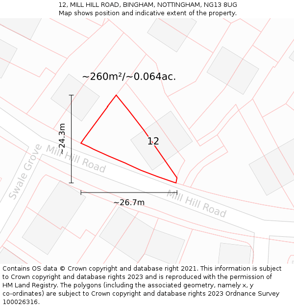 12, MILL HILL ROAD, BINGHAM, NOTTINGHAM, NG13 8UG: Plot and title map