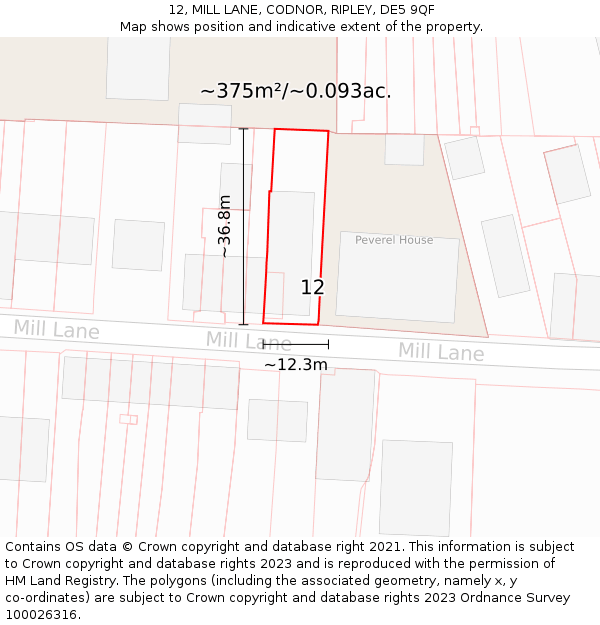 12, MILL LANE, CODNOR, RIPLEY, DE5 9QF: Plot and title map