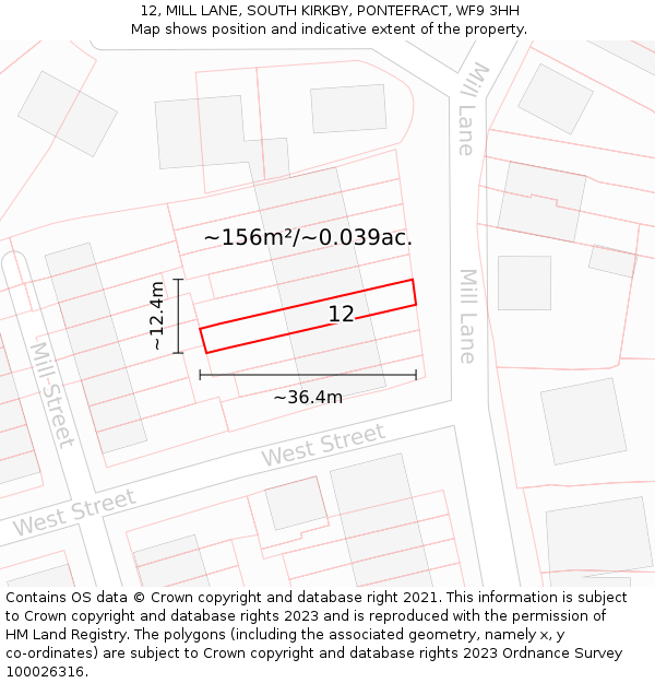 12, MILL LANE, SOUTH KIRKBY, PONTEFRACT, WF9 3HH: Plot and title map