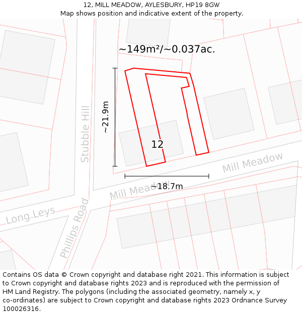 12, MILL MEADOW, AYLESBURY, HP19 8GW: Plot and title map