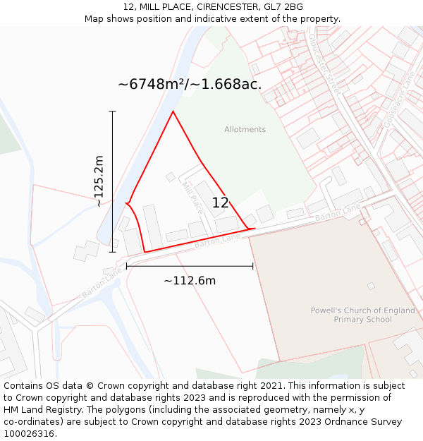12, MILL PLACE, CIRENCESTER, GL7 2BG: Plot and title map