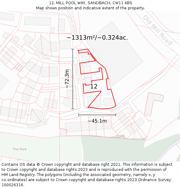 12, MILL POOL WAY, SANDBACH, CW11 4BS: Plot and title map