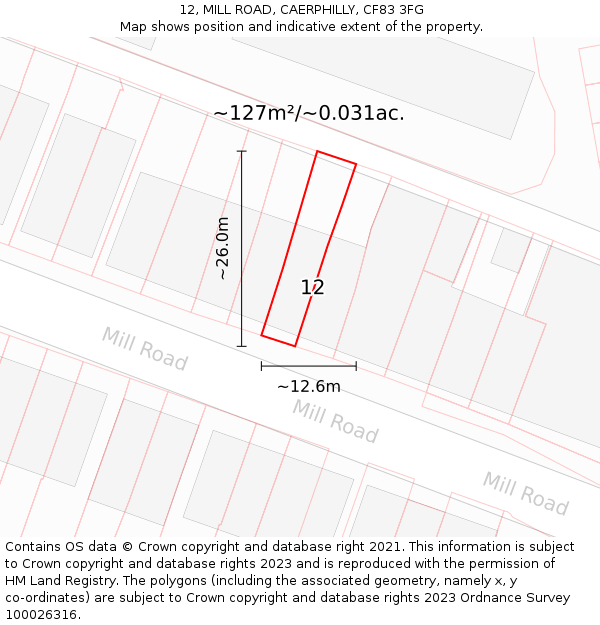 12, MILL ROAD, CAERPHILLY, CF83 3FG: Plot and title map