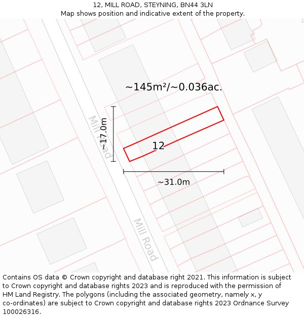 12, MILL ROAD, STEYNING, BN44 3LN: Plot and title map