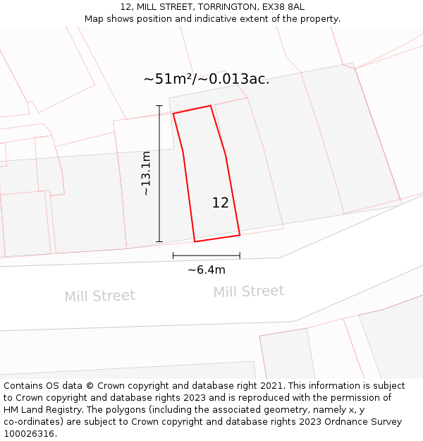 12, MILL STREET, TORRINGTON, EX38 8AL: Plot and title map