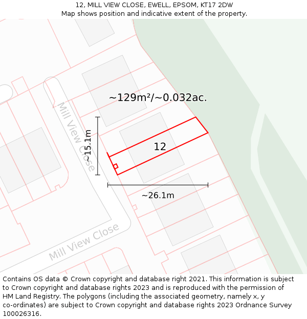 12, MILL VIEW CLOSE, EWELL, EPSOM, KT17 2DW: Plot and title map