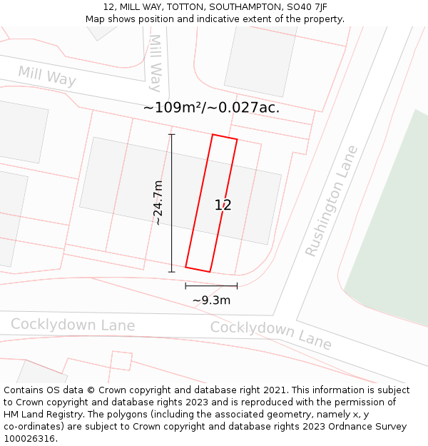 12, MILL WAY, TOTTON, SOUTHAMPTON, SO40 7JF: Plot and title map