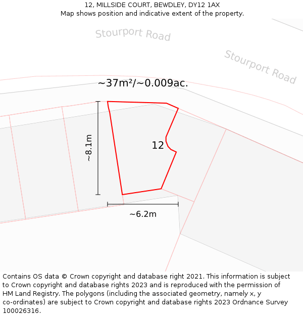 12, MILLSIDE COURT, BEWDLEY, DY12 1AX: Plot and title map