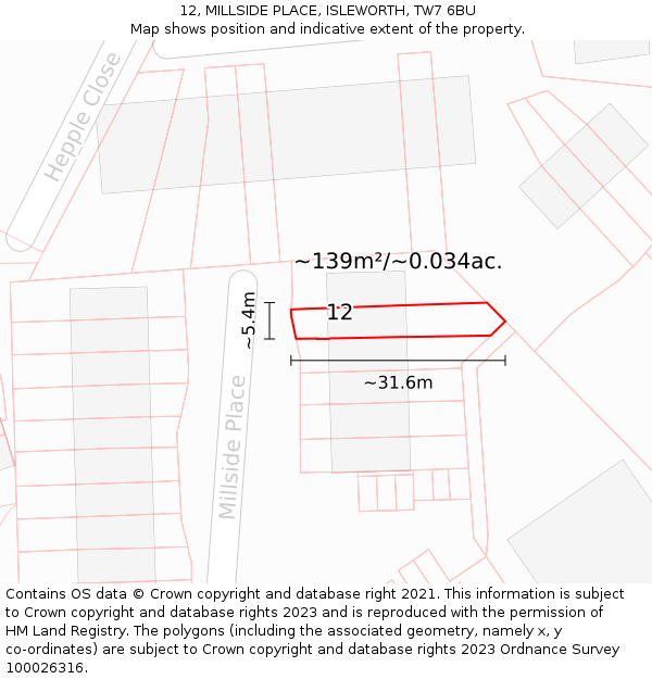 12, MILLSIDE PLACE, ISLEWORTH, TW7 6BU: Plot and title map