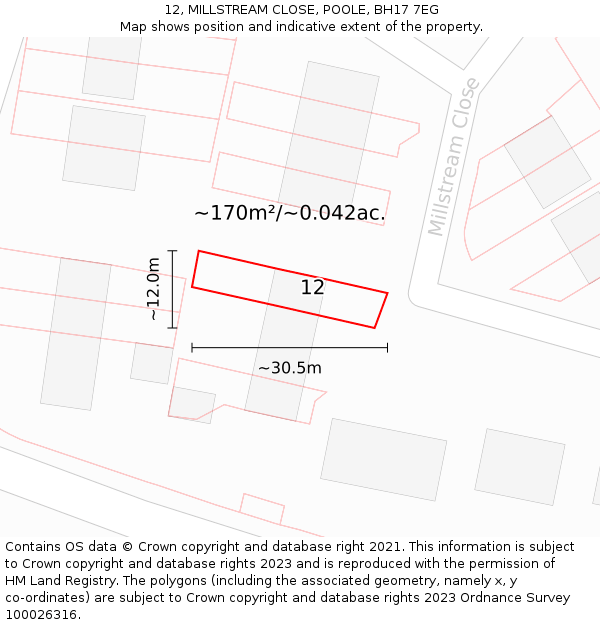 12, MILLSTREAM CLOSE, POOLE, BH17 7EG: Plot and title map