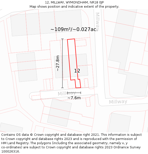 12, MILLWAY, WYMONDHAM, NR18 0JP: Plot and title map