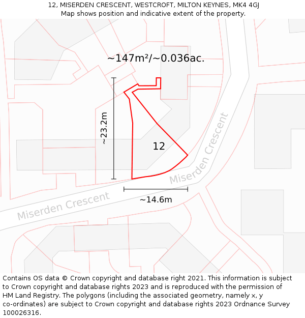 12, MISERDEN CRESCENT, WESTCROFT, MILTON KEYNES, MK4 4GJ: Plot and title map