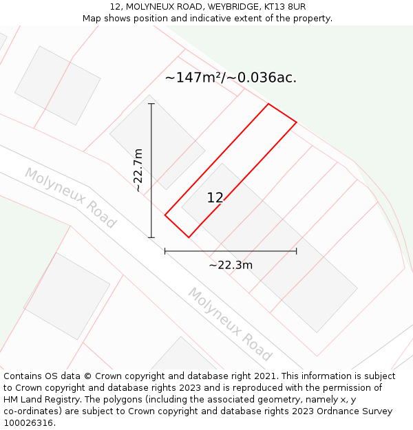 12, MOLYNEUX ROAD, WEYBRIDGE, KT13 8UR: Plot and title map