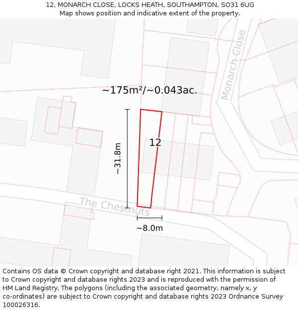 12, MONARCH CLOSE, LOCKS HEATH, SOUTHAMPTON, SO31 6UG: Plot and title map