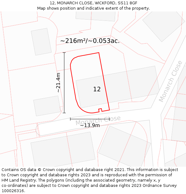 12, MONARCH CLOSE, WICKFORD, SS11 8GF: Plot and title map