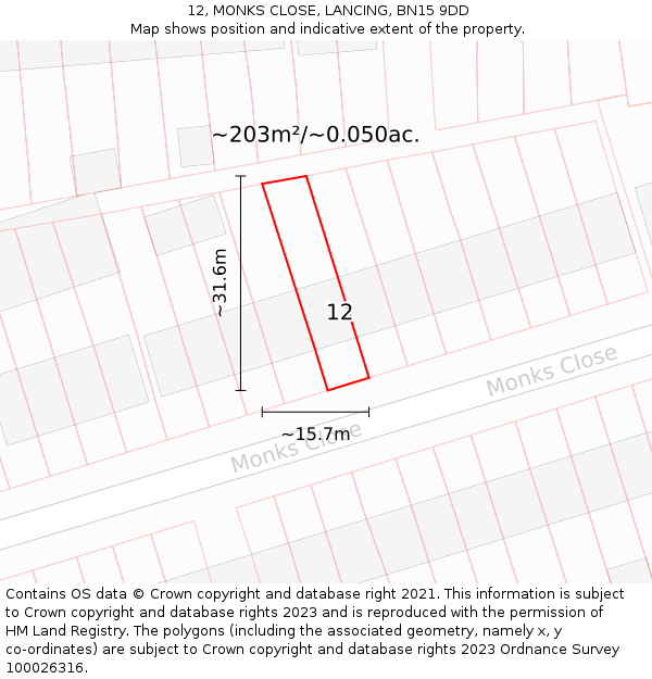 12, MONKS CLOSE, LANCING, BN15 9DD: Plot and title map