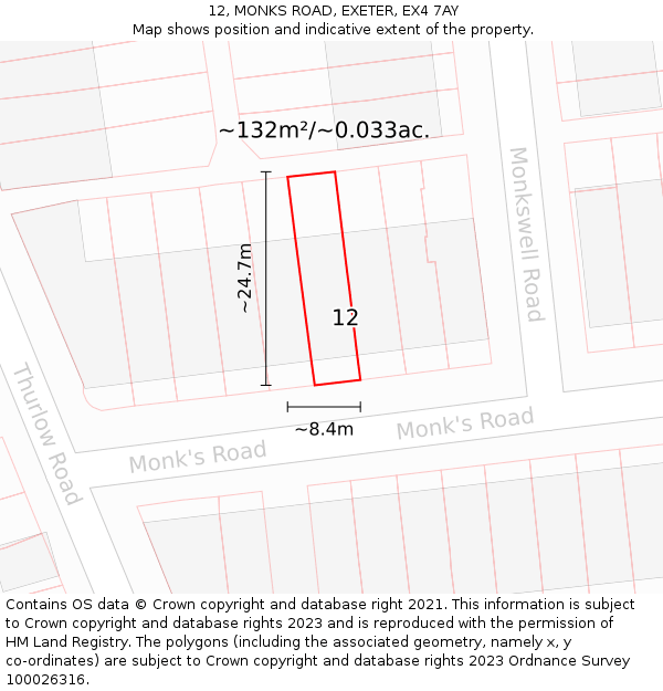 12, MONKS ROAD, EXETER, EX4 7AY: Plot and title map