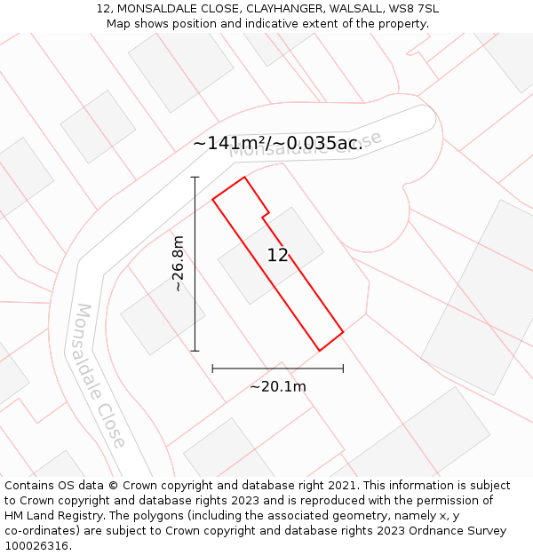 12, MONSALDALE CLOSE, CLAYHANGER, WALSALL, WS8 7SL: Plot and title map