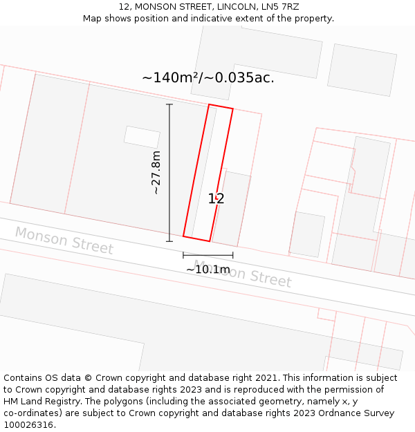 12, MONSON STREET, LINCOLN, LN5 7RZ: Plot and title map