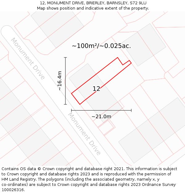 12, MONUMENT DRIVE, BRIERLEY, BARNSLEY, S72 9LU: Plot and title map