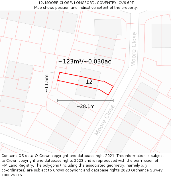 12, MOORE CLOSE, LONGFORD, COVENTRY, CV6 6PT: Plot and title map