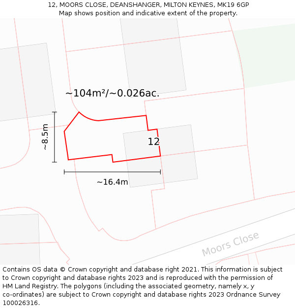 12, MOORS CLOSE, DEANSHANGER, MILTON KEYNES, MK19 6GP: Plot and title map