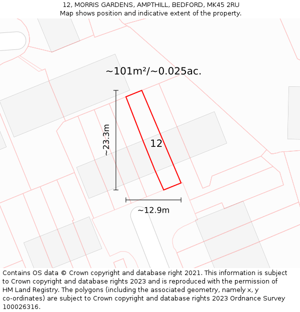 12, MORRIS GARDENS, AMPTHILL, BEDFORD, MK45 2RU: Plot and title map