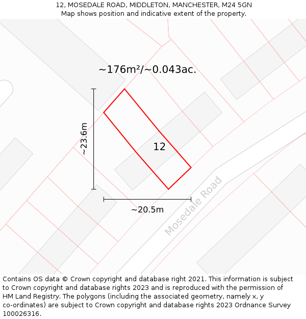 12, MOSEDALE ROAD, MIDDLETON, MANCHESTER, M24 5GN: Plot and title map