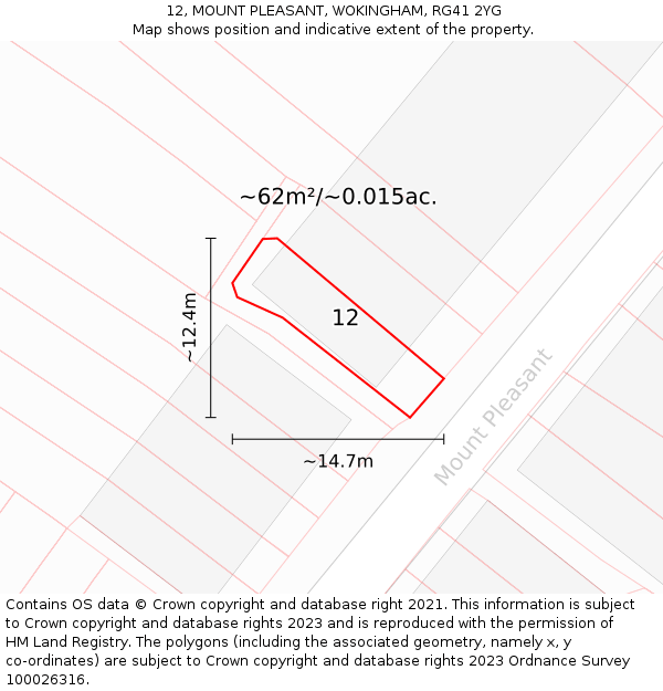 12, MOUNT PLEASANT, WOKINGHAM, RG41 2YG: Plot and title map