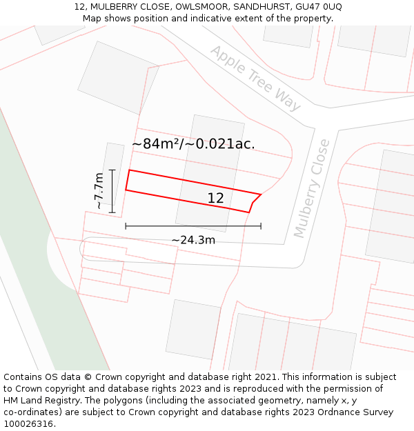 12, MULBERRY CLOSE, OWLSMOOR, SANDHURST, GU47 0UQ: Plot and title map