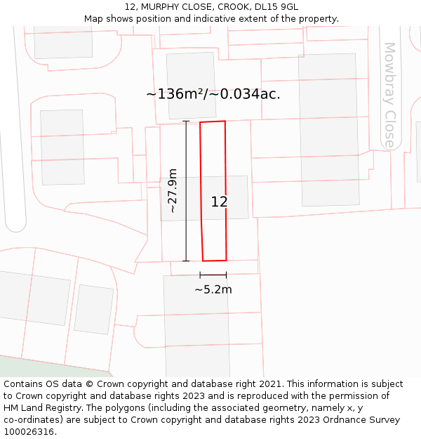 12, MURPHY CLOSE, CROOK, DL15 9GL: Plot and title map
