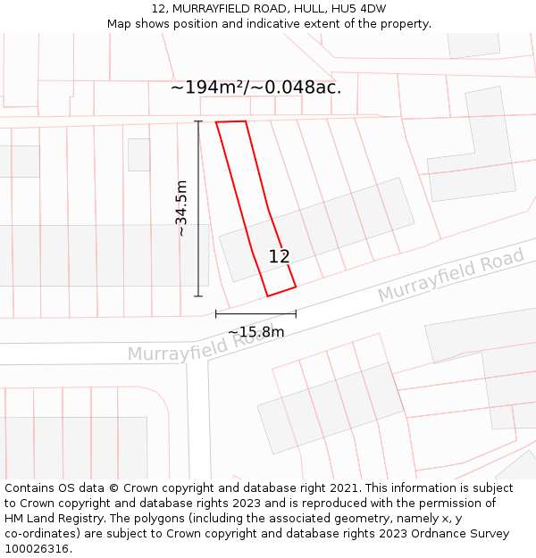 12, MURRAYFIELD ROAD, HULL, HU5 4DW: Plot and title map