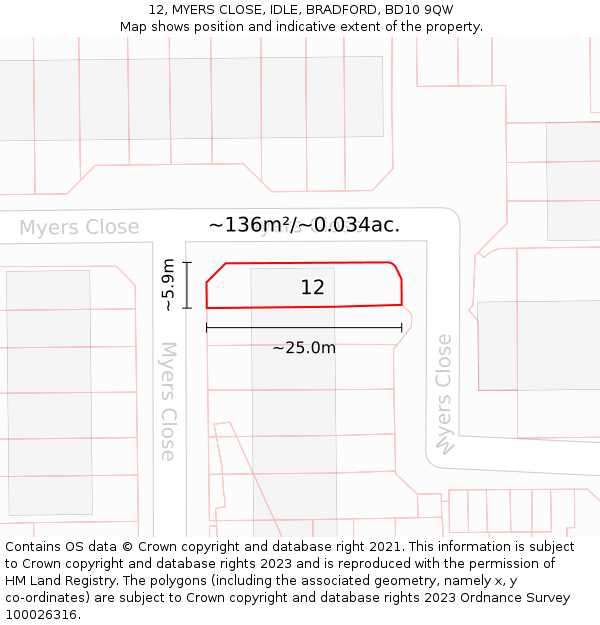 12, MYERS CLOSE, IDLE, BRADFORD, BD10 9QW: Plot and title map