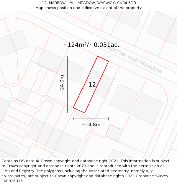 12, NARROW HALL MEADOW, WARWICK, CV34 6DR: Plot and title map