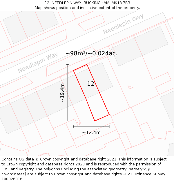 12, NEEDLEPIN WAY, BUCKINGHAM, MK18 7RB: Plot and title map