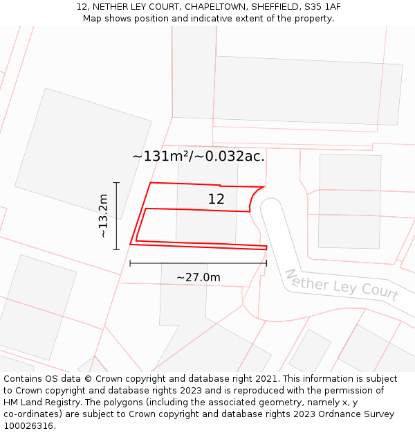 12, NETHER LEY COURT, CHAPELTOWN, SHEFFIELD, S35 1AF: Plot and title map