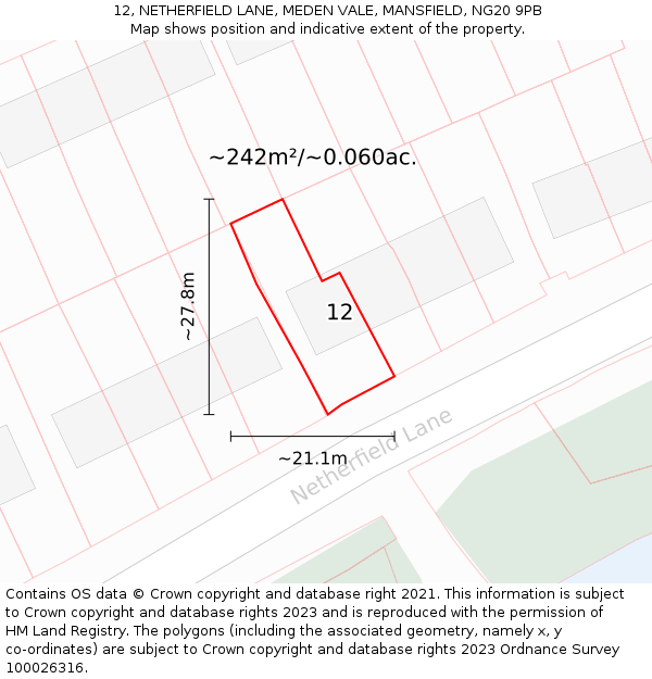 12, NETHERFIELD LANE, MEDEN VALE, MANSFIELD, NG20 9PB: Plot and title map