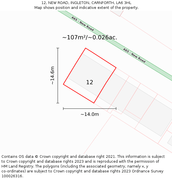 12, NEW ROAD, INGLETON, CARNFORTH, LA6 3HL: Plot and title map