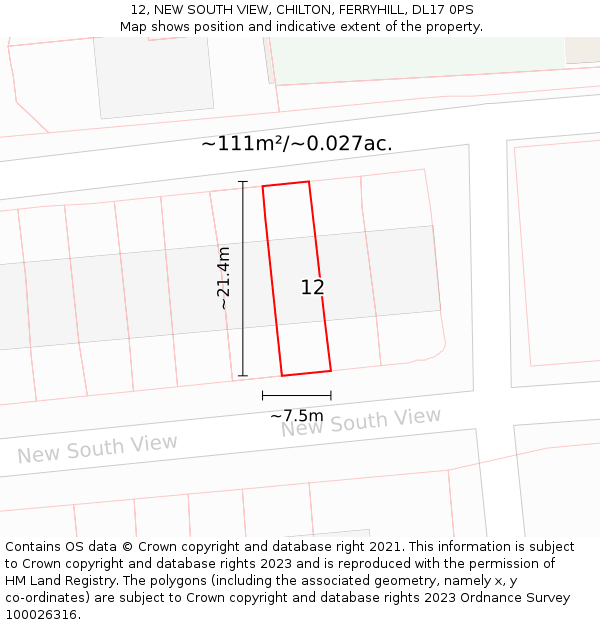 12, NEW SOUTH VIEW, CHILTON, FERRYHILL, DL17 0PS: Plot and title map