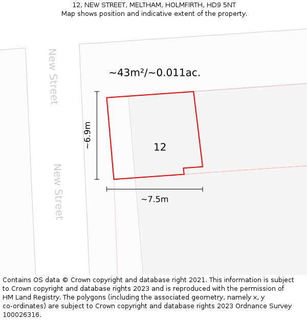 12, NEW STREET, MELTHAM, HOLMFIRTH, HD9 5NT: Plot and title map