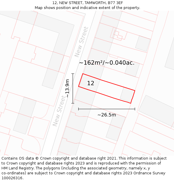12, NEW STREET, TAMWORTH, B77 3EF: Plot and title map