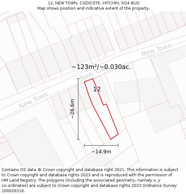 12, NEW TOWN, CODICOTE, HITCHIN, SG4 8UG: Plot and title map