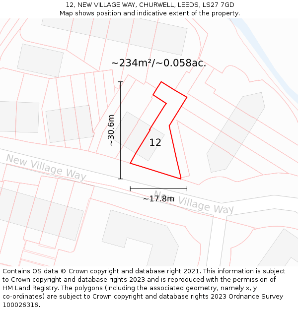 12, NEW VILLAGE WAY, CHURWELL, LEEDS, LS27 7GD: Plot and title map