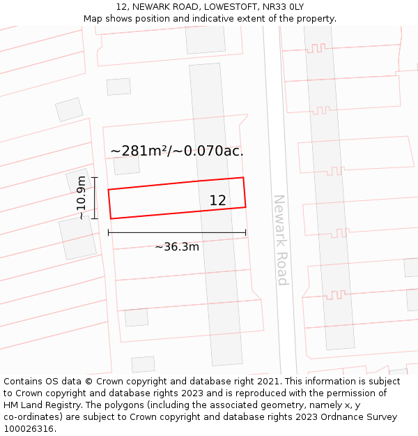 12, NEWARK ROAD, LOWESTOFT, NR33 0LY: Plot and title map