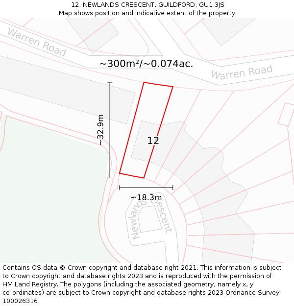 12, NEWLANDS CRESCENT, GUILDFORD, GU1 3JS: Plot and title map