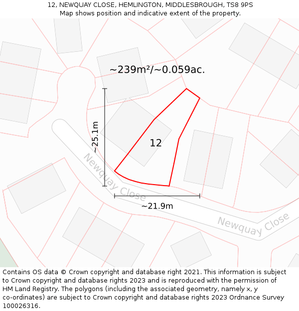 12, NEWQUAY CLOSE, HEMLINGTON, MIDDLESBROUGH, TS8 9PS: Plot and title map