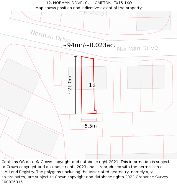 12, NORMAN DRIVE, CULLOMPTON, EX15 1XQ: Plot and title map
