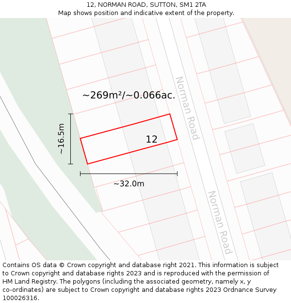 12, NORMAN ROAD, SUTTON, SM1 2TA: Plot and title map