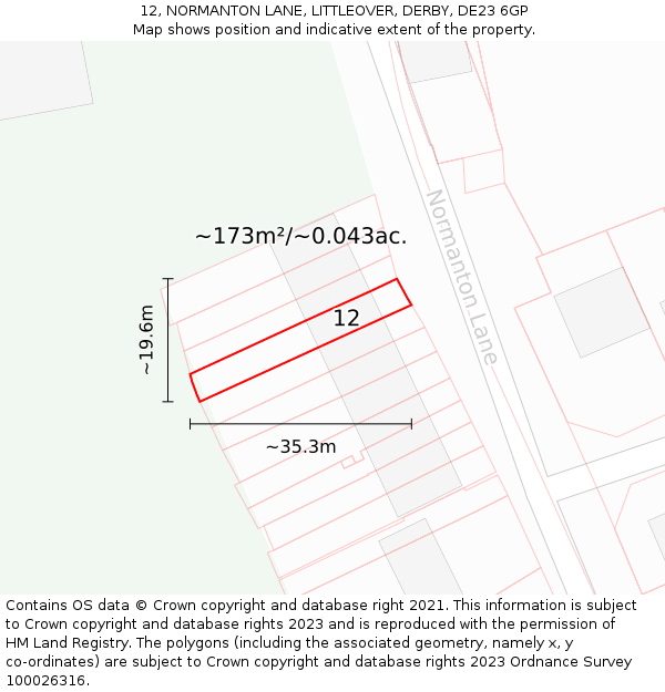 12, NORMANTON LANE, LITTLEOVER, DERBY, DE23 6GP: Plot and title map