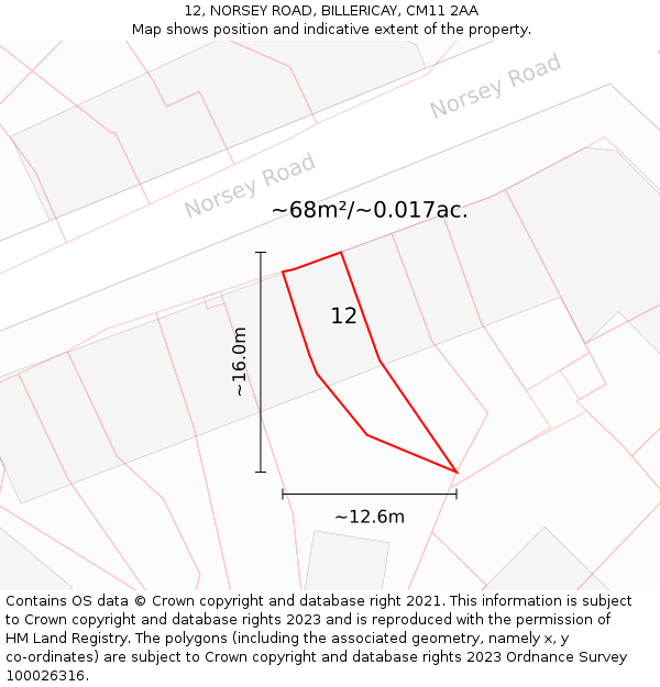 12, NORSEY ROAD, BILLERICAY, CM11 2AA: Plot and title map